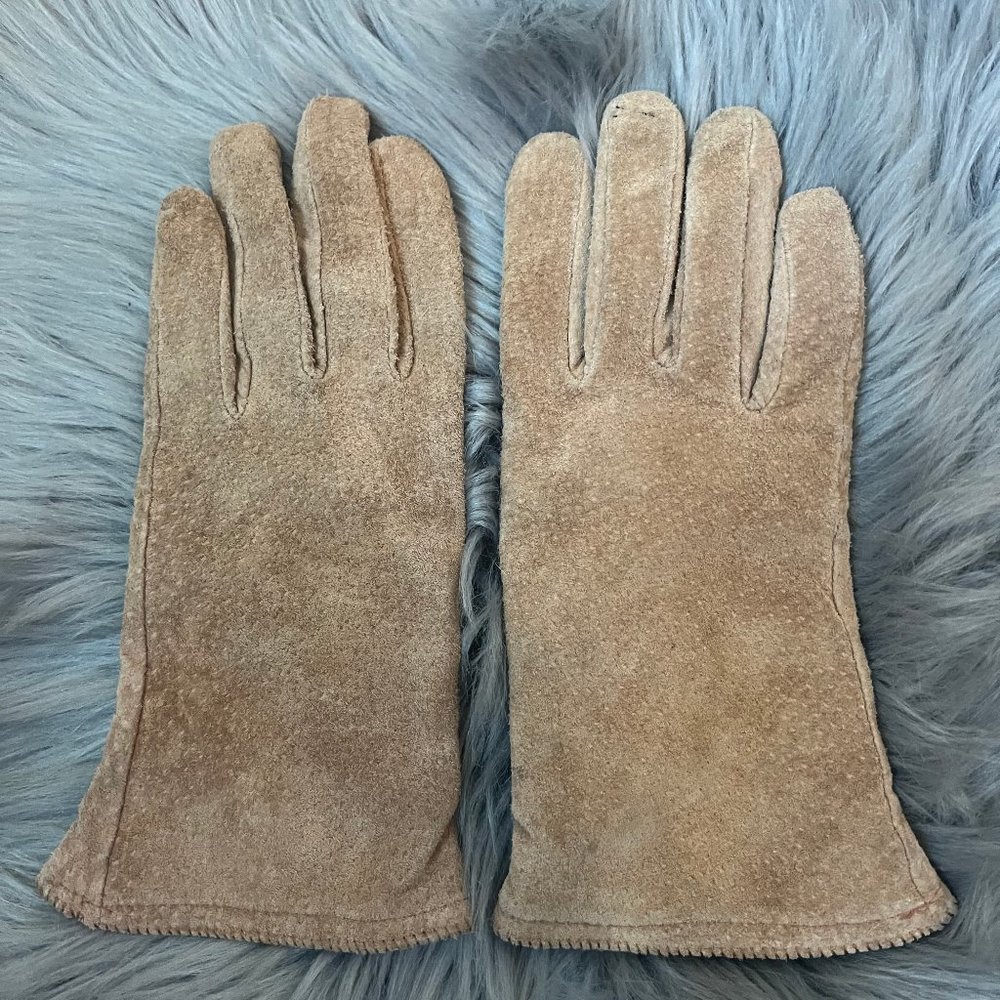 Vintage Isotoner Weathered Tan Suede Leather Gloves Wool Lined Winter Riding